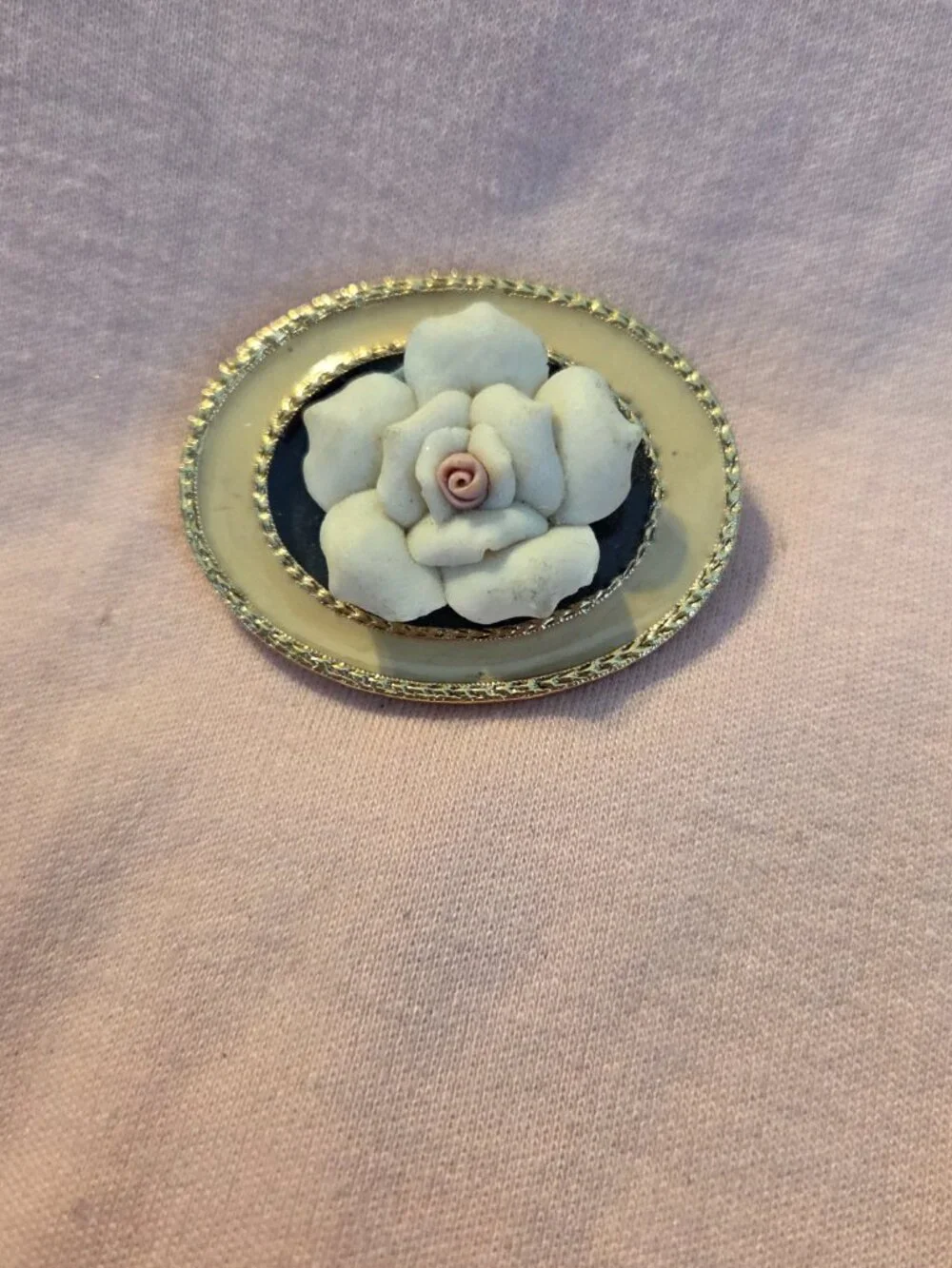 Vintage Ceramic White Rose Cameo Brooch | Oval Black and Gold-Tone Floral Pin